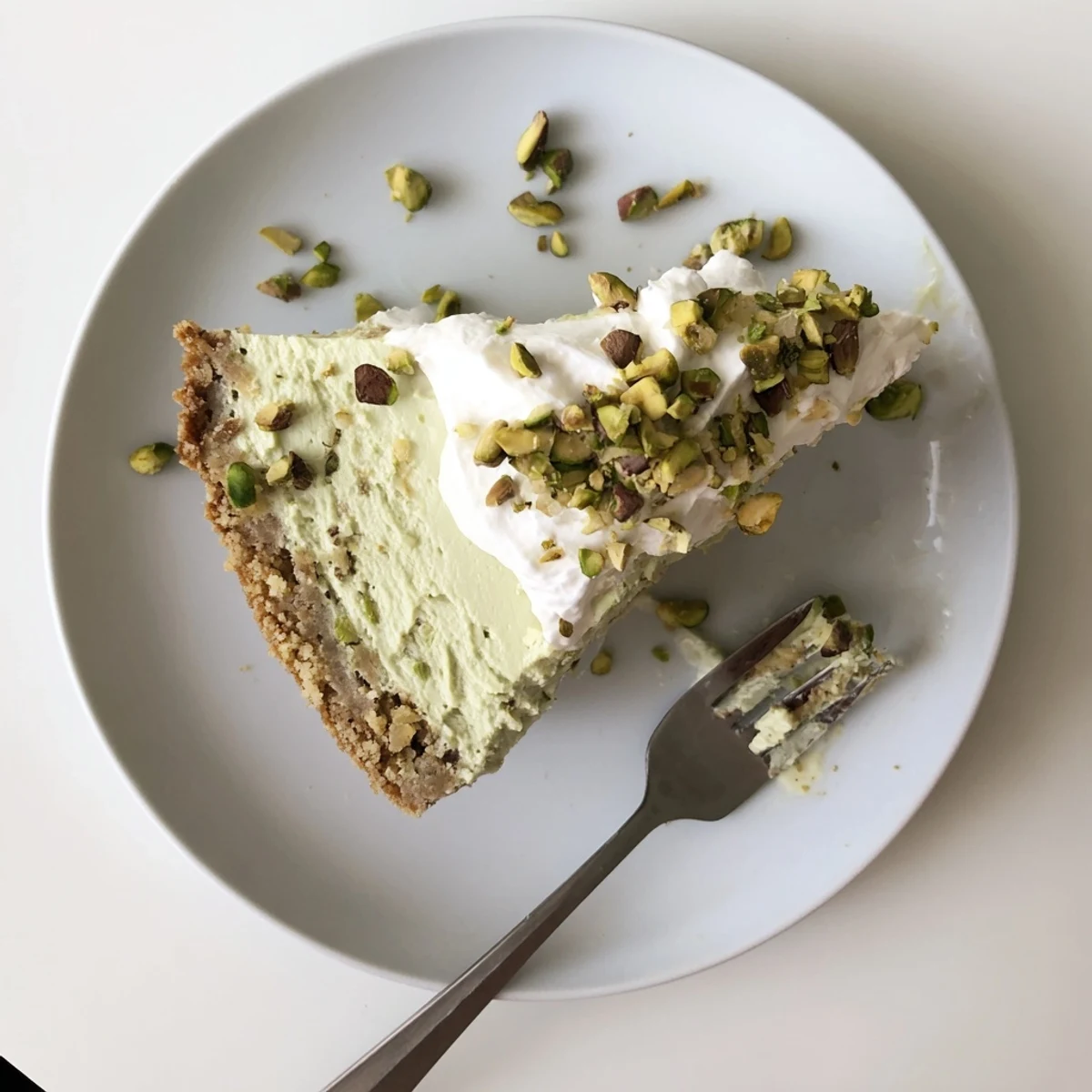 Creamy pistachio cheesecake with buttery graham cracker crust and whipped cream topping