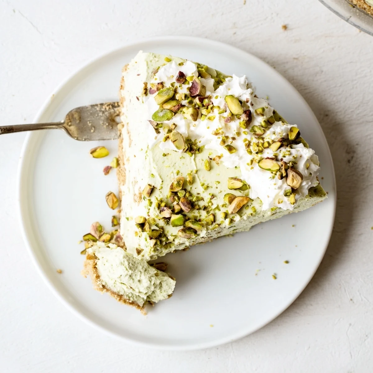 Slice of rich pistachio cheesecake topped with chopped pistachios on a white plate
