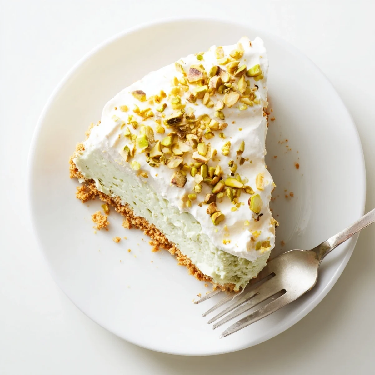 Homemade pistachio cheesecake showing green flecked filling with optional whipped cream garnish