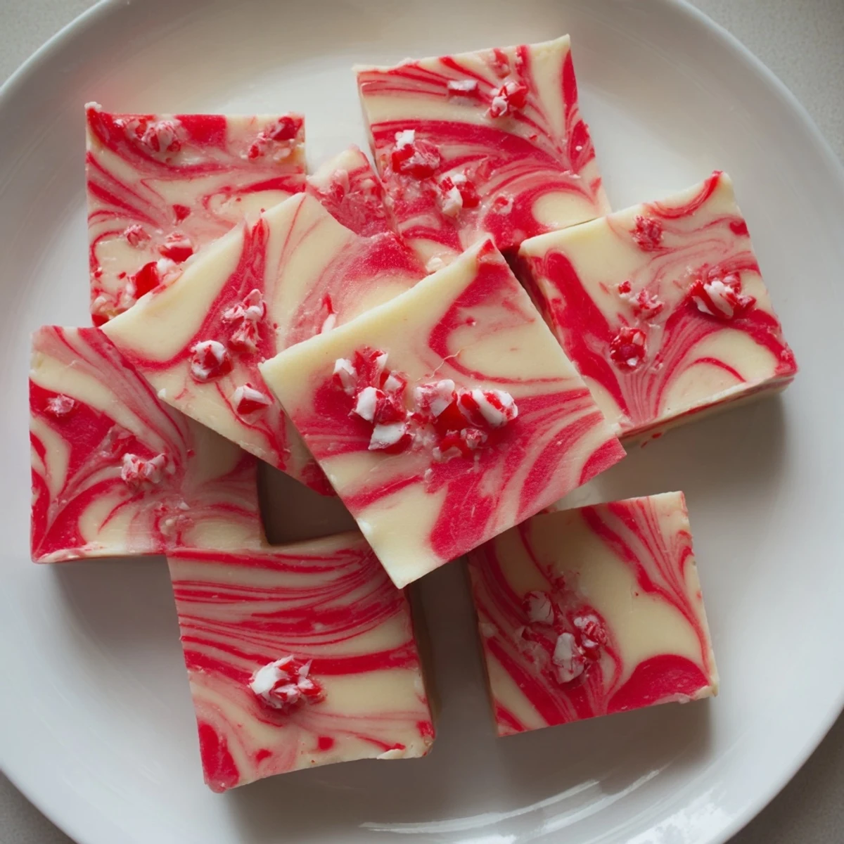 Creamy peppermint swirl fudge squares topped with crushed candy canes on a white plate