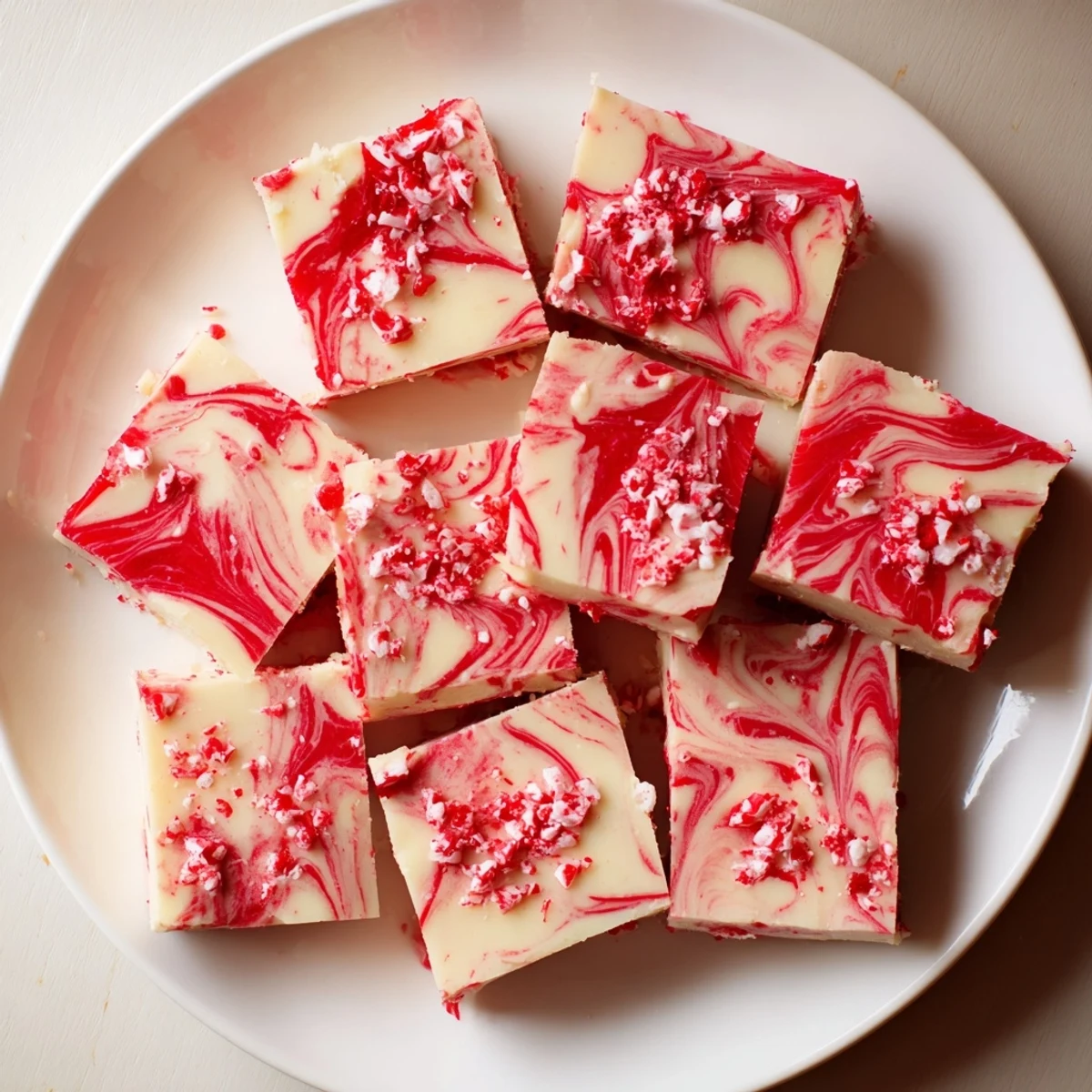Holiday peppermint swirl fudge cut into bite-sized squares with red and white marble patterns