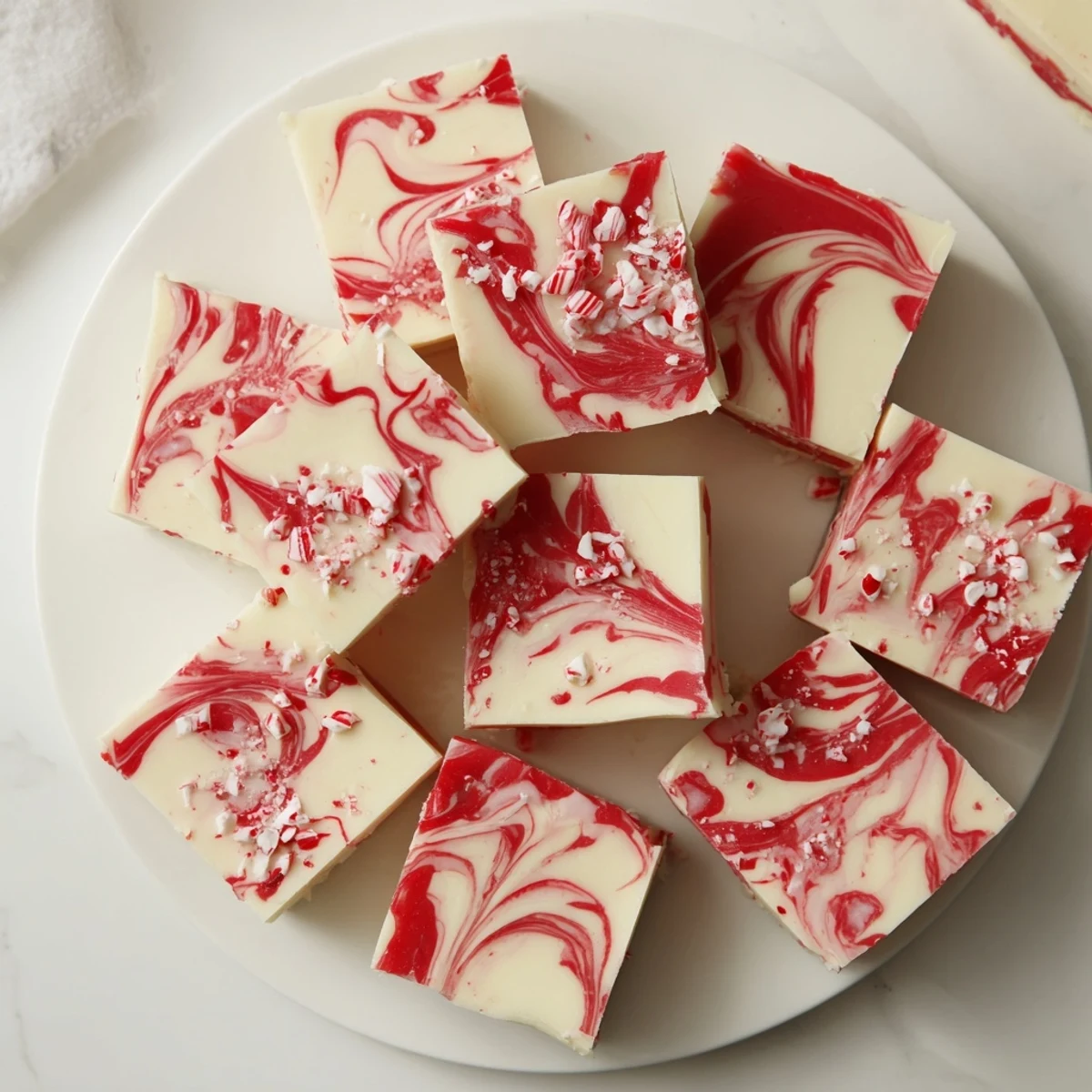 Marbled white chocolate peppermint swirl fudge displaying festive red swirls and minty candy pieces