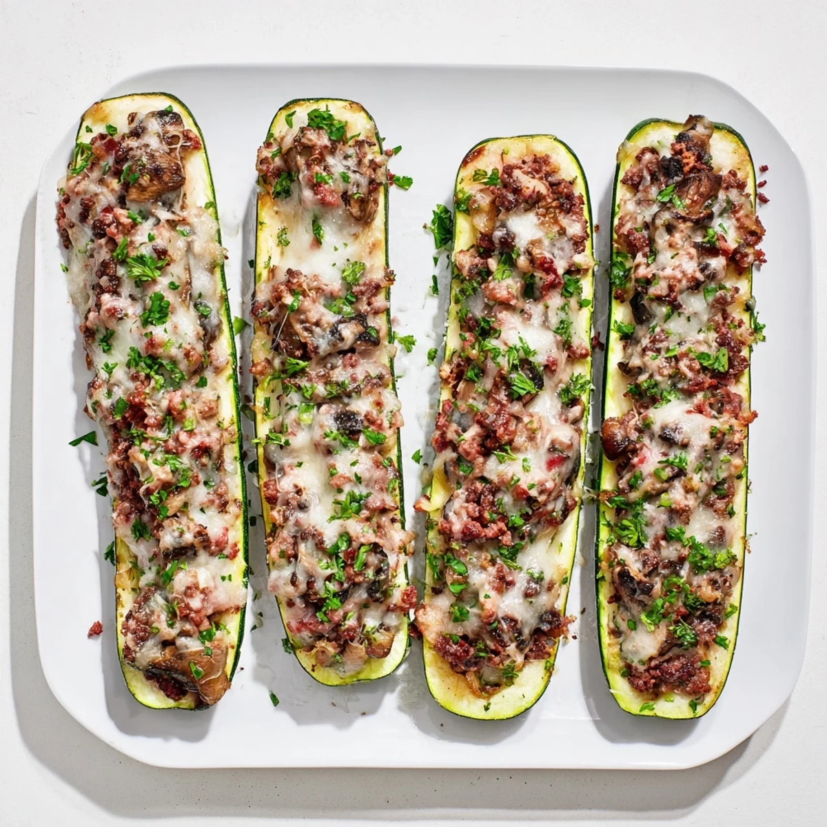 Golden brown zucchini boats overflowing with beef tenderloin and melted mozzarella cheese