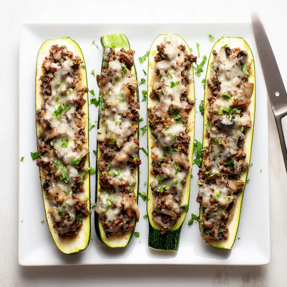 Freshly baked beef tenderloin mushroom stuffed zucchini boats garnished with parsley and Parmesan