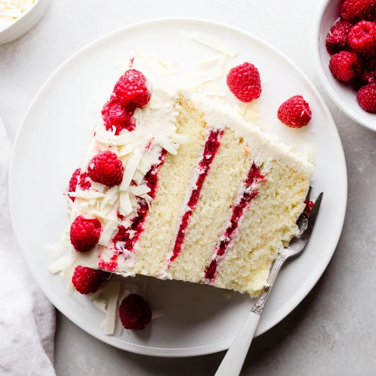 Elegant white chocolate raspberry dream cake with layers of moist sponge and fresh raspberry filling