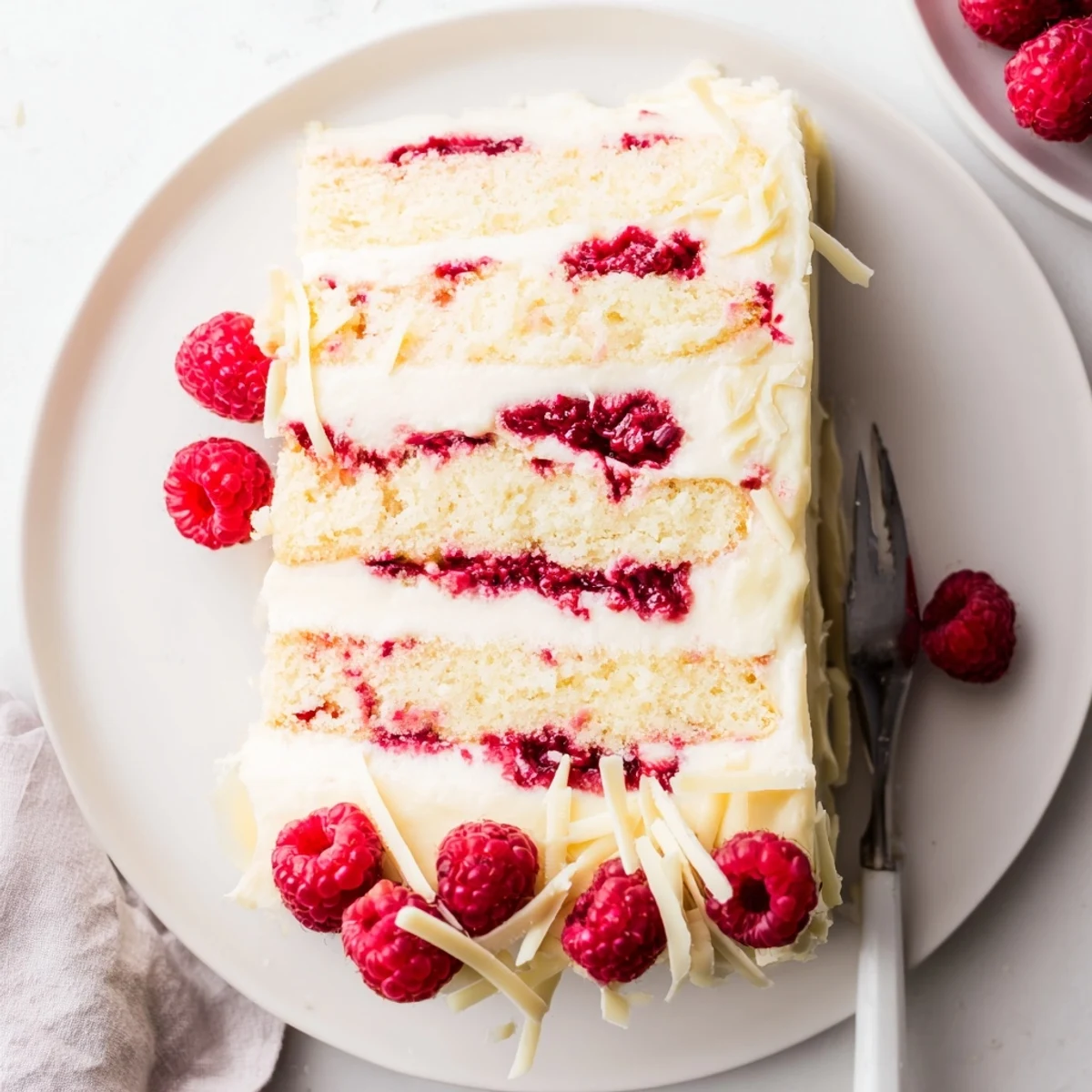 Decadent white chocolate raspberry dream cake topped with fluffy cream cheese frosting and fresh berries