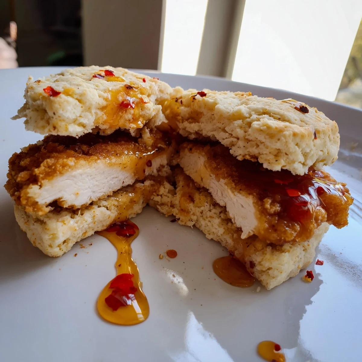 Golden butterm biscuit sandwich stacked with crispy fried chicken drizzled in spicy hot honey glaze