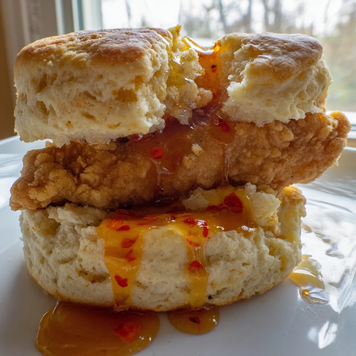 Fluffy Southern biscuit topped with golden fried chicken thigh and sweet fiery honey sauce