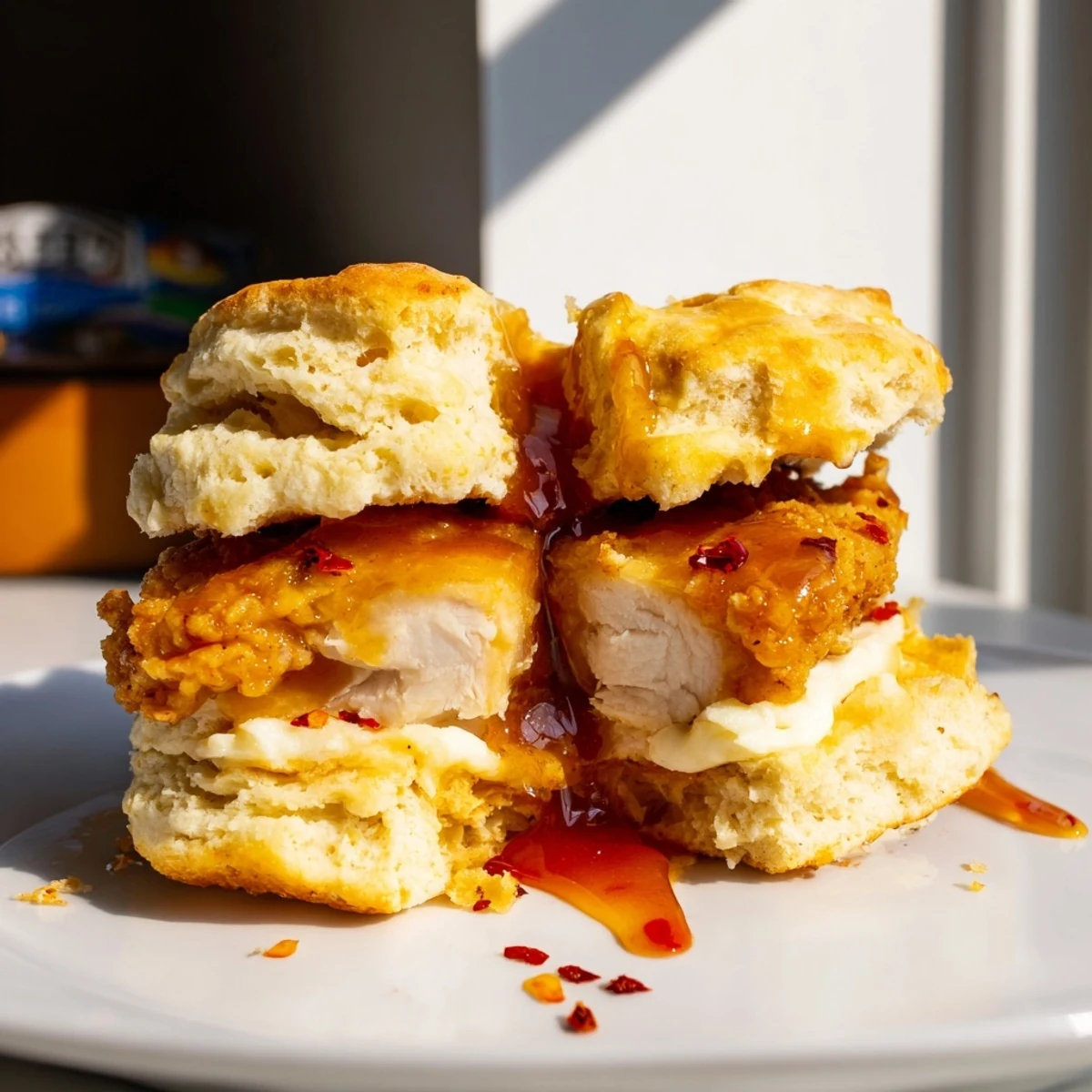 Close-up of hot honey chicken biscuits featuring crunchy fried meat dripping with amber spiced honey