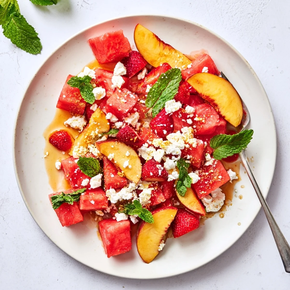 Colorful summer peach watermelon salad bowl featuring fresh mint and crumbled feta cheese