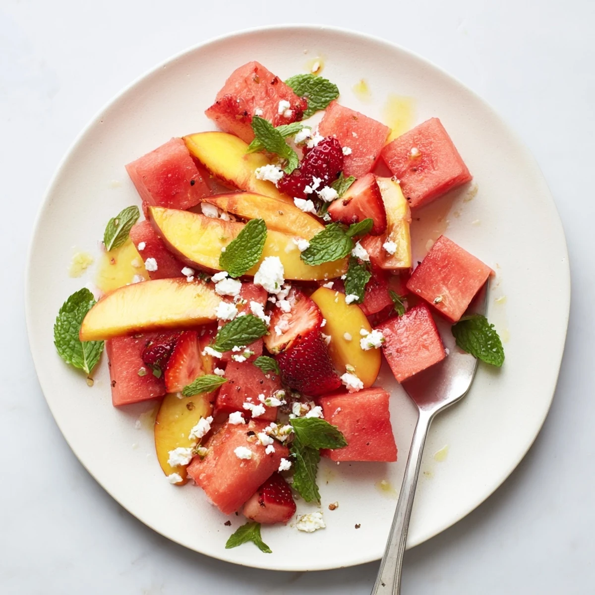 Refreshing summer peach watermelon salad drizzled with zesty lime dressing on white platter