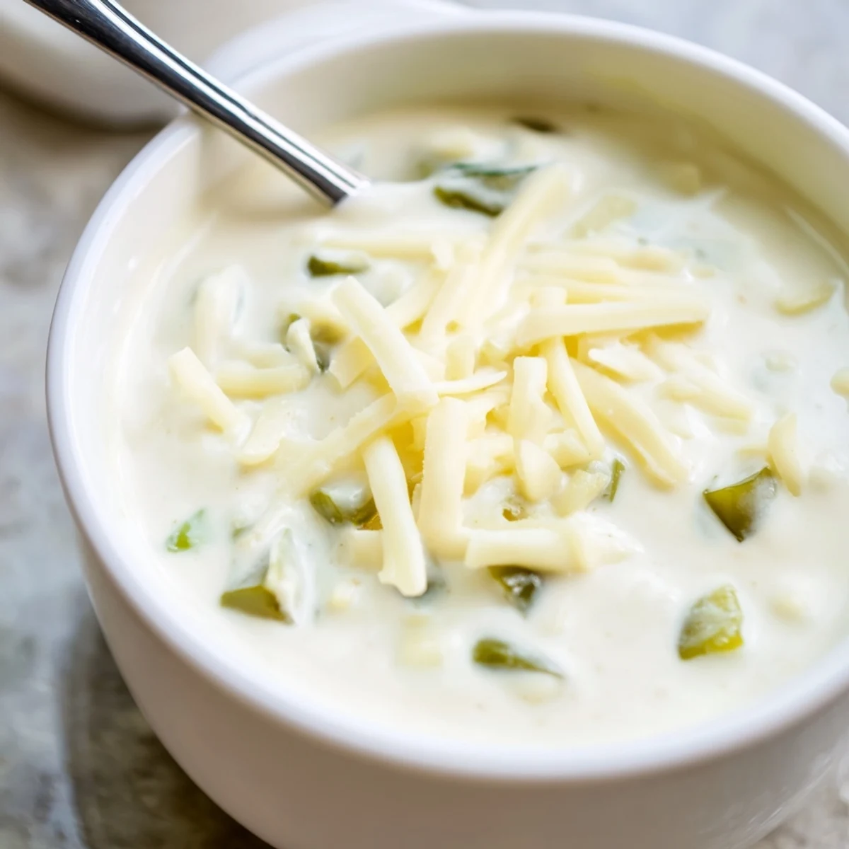 Creamy white queso dip bubbling in a saucepan with melted white cheese and diced green chilies