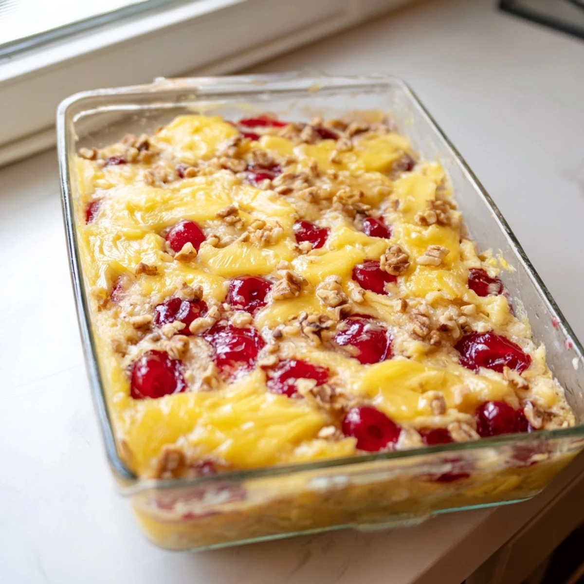 Bubbling 9x13 inch pan of banana split dump cake with layers of fruit and buttery yellow cake mix