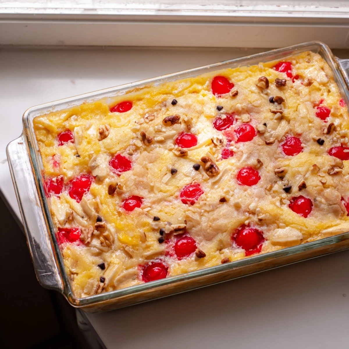 Golden banana split dump cake topped with whipped cream, chocolate syrup, and maraschino cherries