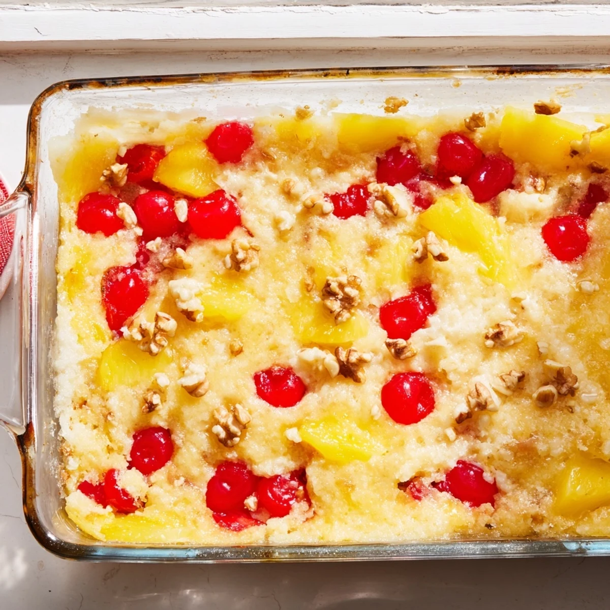 Warm banana split dump cake served in a white bowl with vanilla ice cream and extra chocolate drizzle