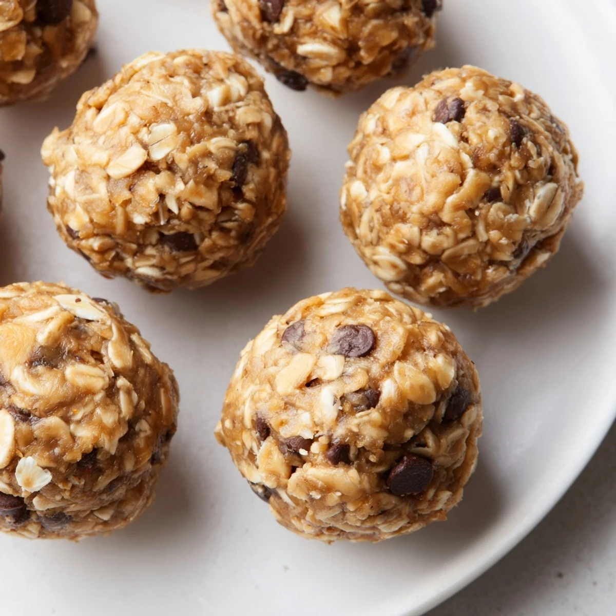 Bite-sized peanut butter energy balls rolled with dark chocolate chips and oats on a white plate