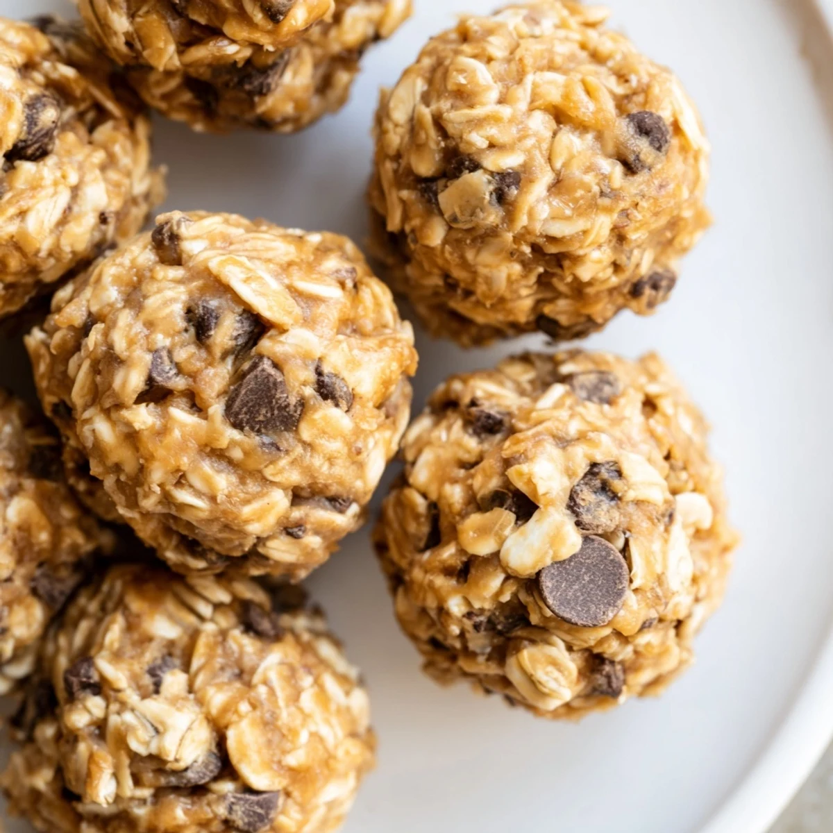 Homemade peanut butter energy balls stacked on a parchment-lined tray with golden oat texture