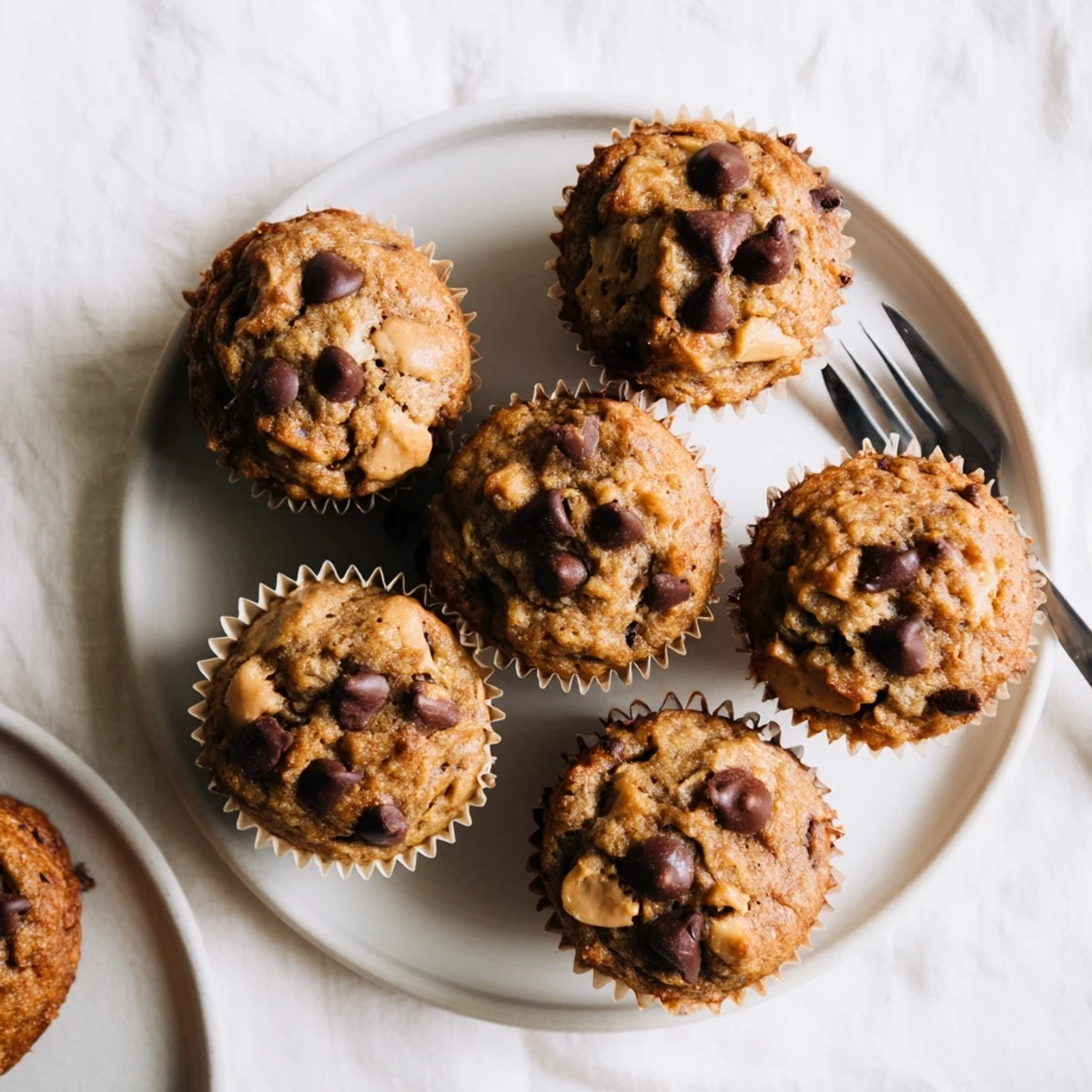 Freshly baked peanut butter banana muffins split open revealing fluffy texture inside