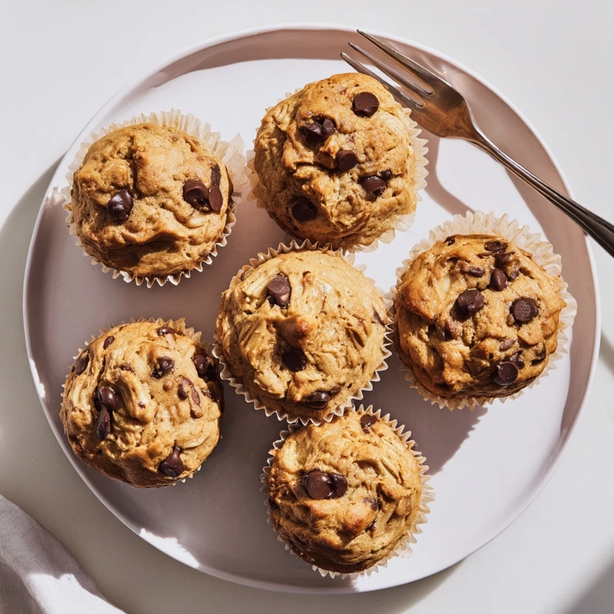 Moist peanut butter banana muffins topped with melting chocolate chips on a wooden board