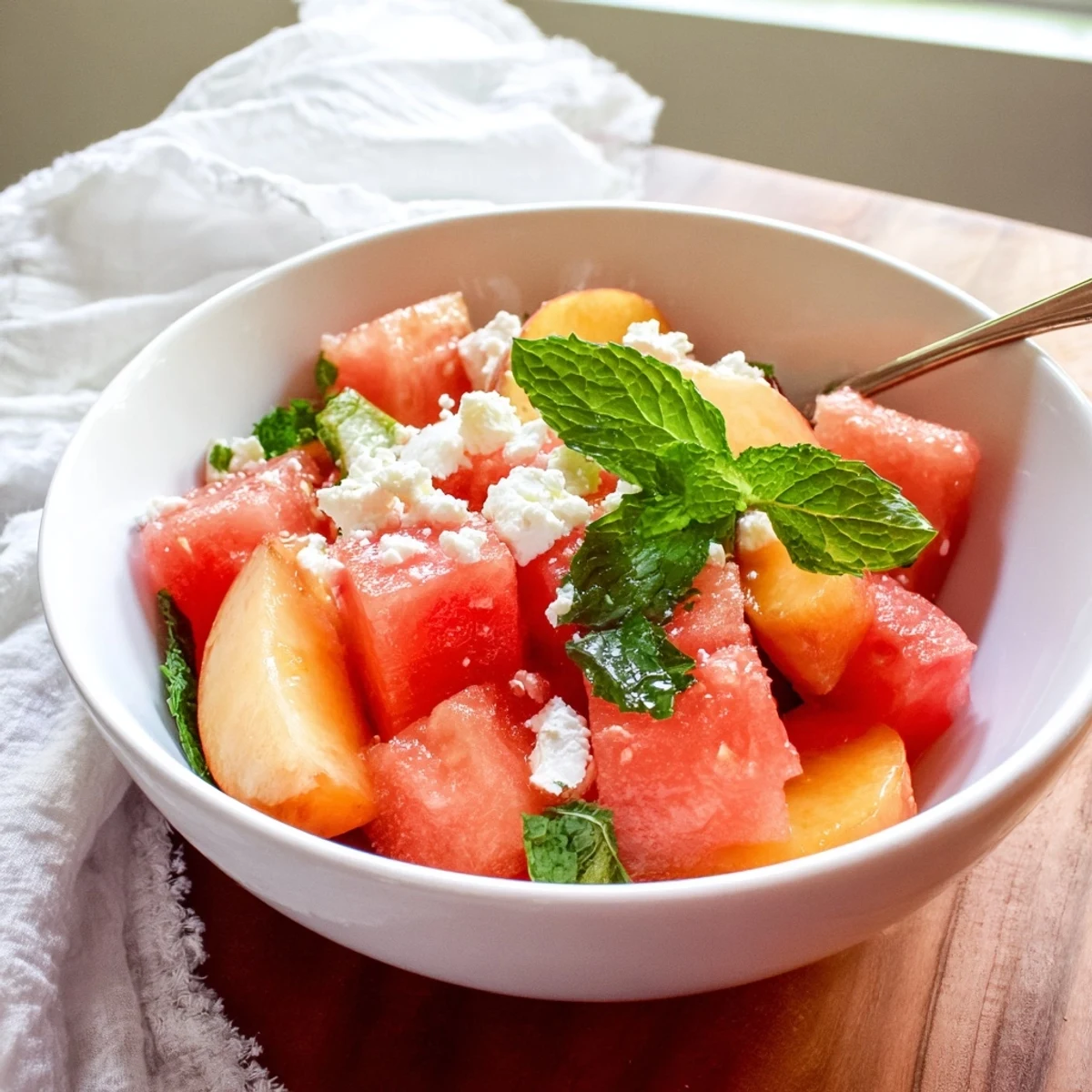 Vibrant peach watermelon salad drizzled with citrus dressing and fresh mint leaves
