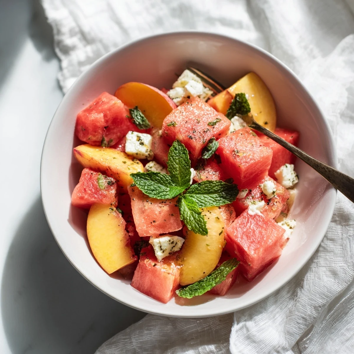 Summer peach watermelon salad featuring ripe fruit chunks and optional crumbled feta cheese