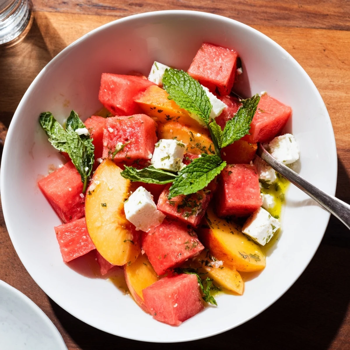 Refreshing peach watermelon salad bowl tossed with lime dressing and torn mint