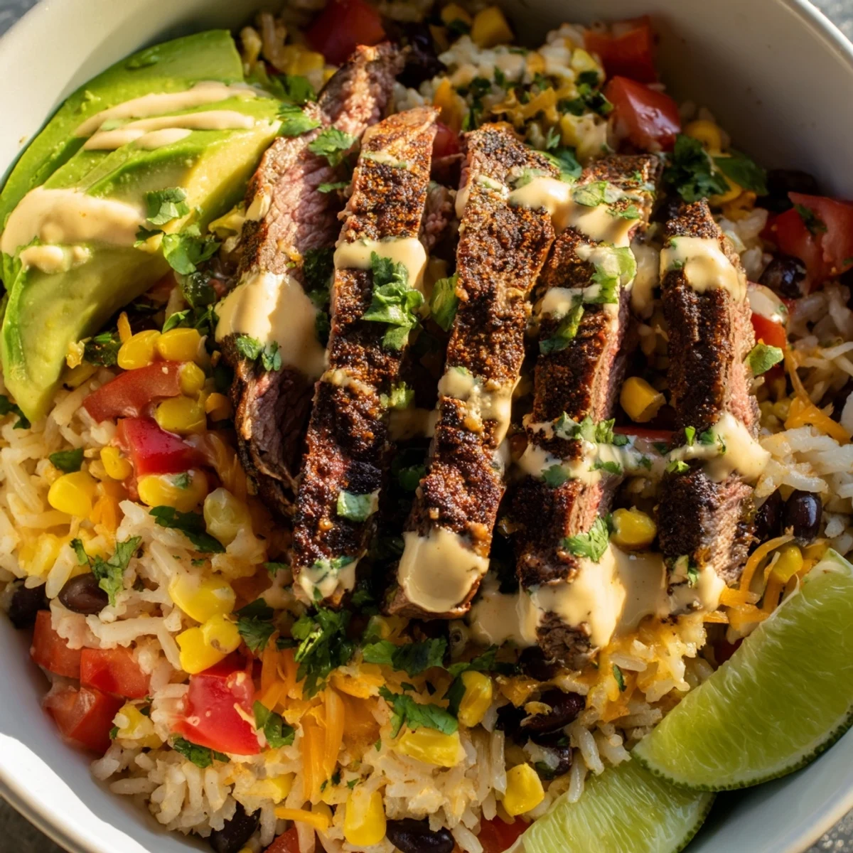 Steak queso rice bowl topped with seasoned flank steak, warm cheese sauce, and fresh Tex-Mex garnishes