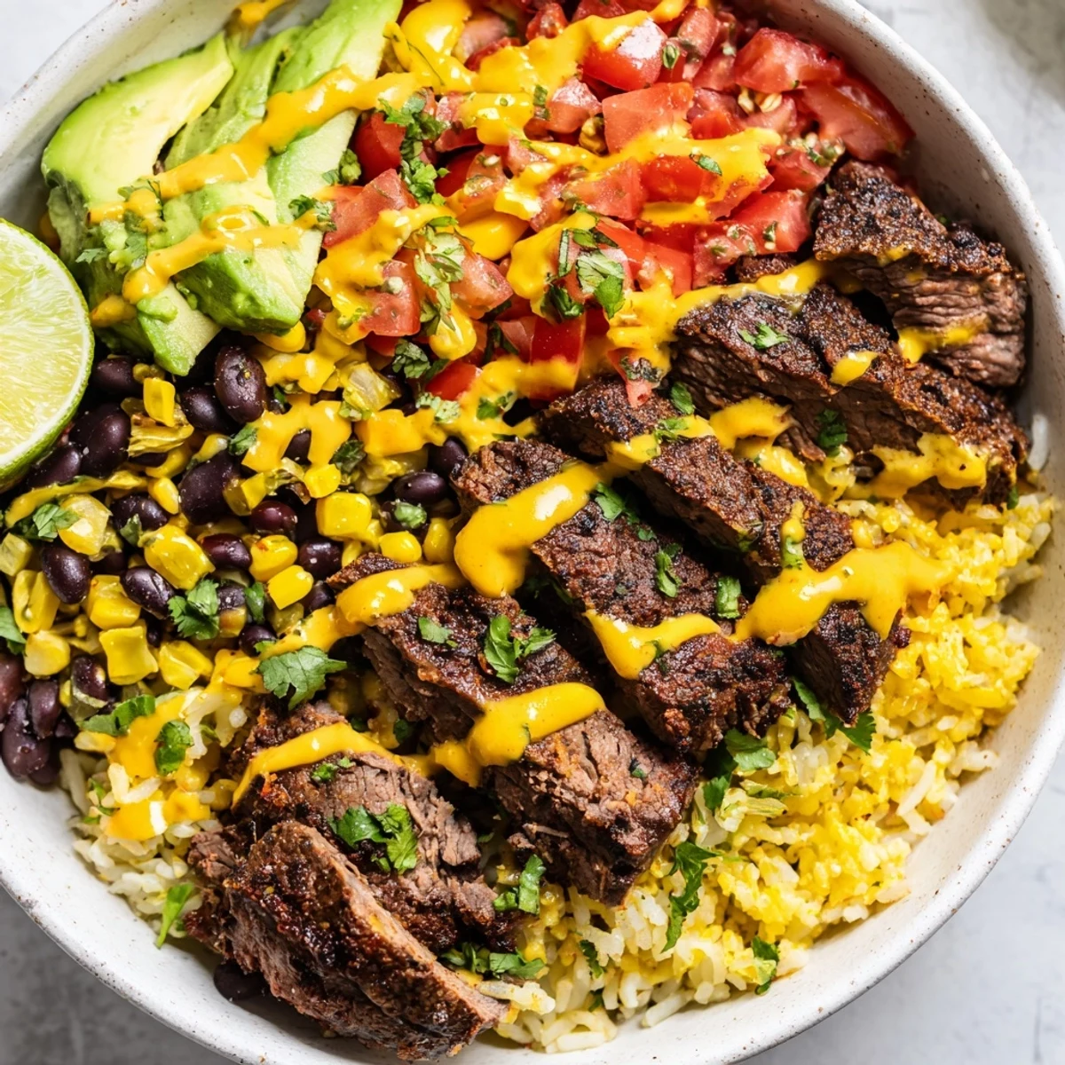 Flavorful steak queso rice bowl featuring spiced beef, cilantro lime rice, and melted cheddar cheese sauce