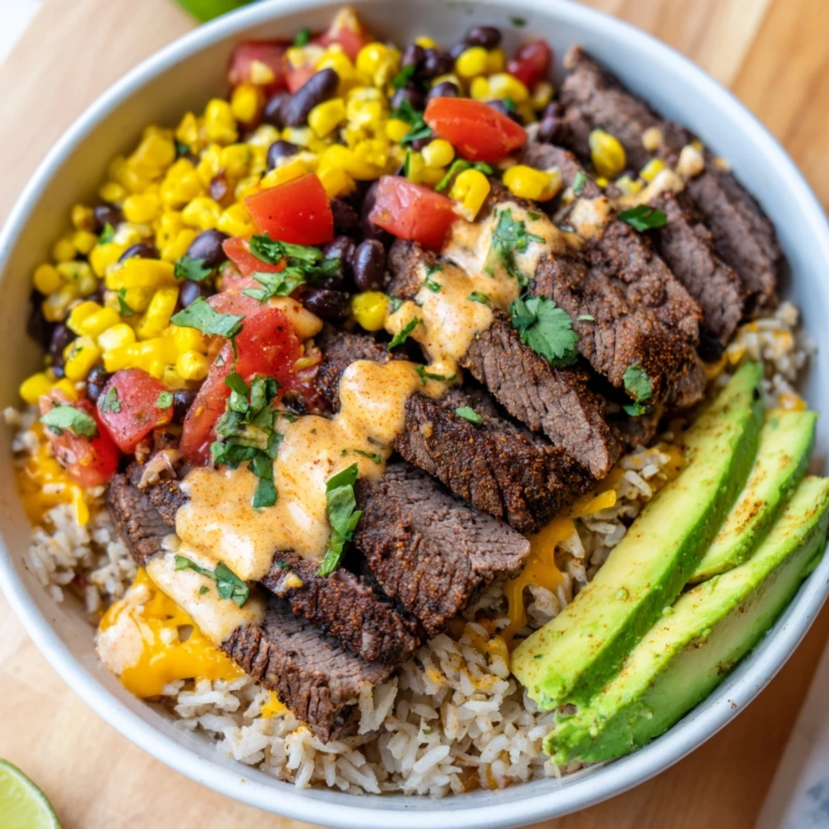 Hearty steak queso rice bowl served with creamy queso drizzle, sliced avocado, and vibrant vegetable toppings
