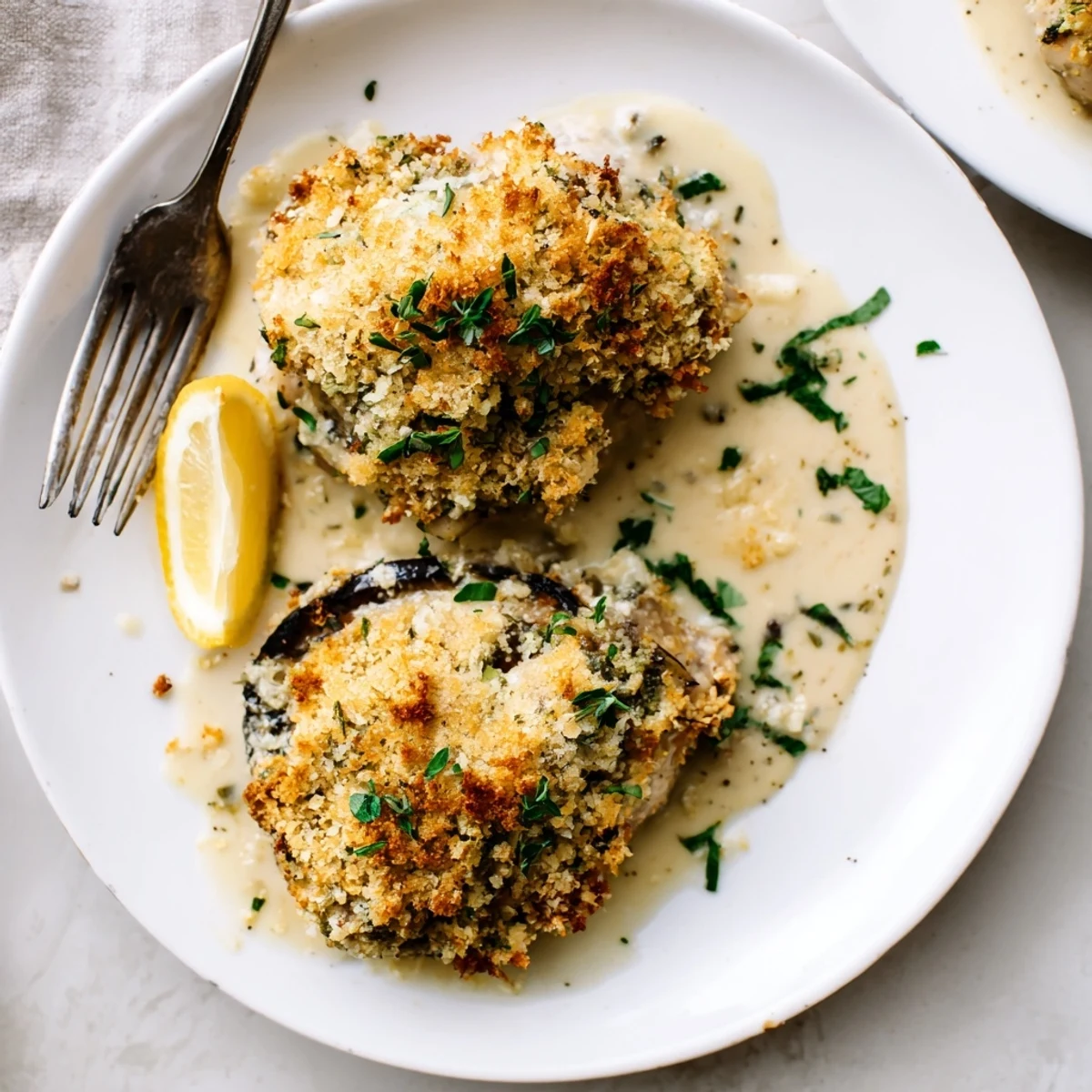 Golden Herb Crusted Chicken Thighs In Creamy Garlic Sauce, juicy skin and fragrant herbs.