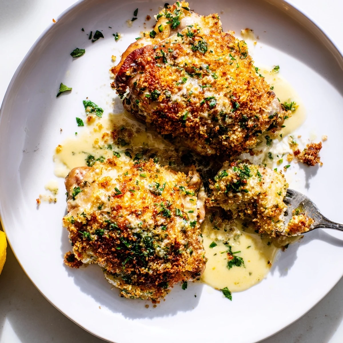 Pan-baked Golden Herb Crusted Chicken Thighs In Creamy Garlic Sauce, crispy crust, spooned sauce.