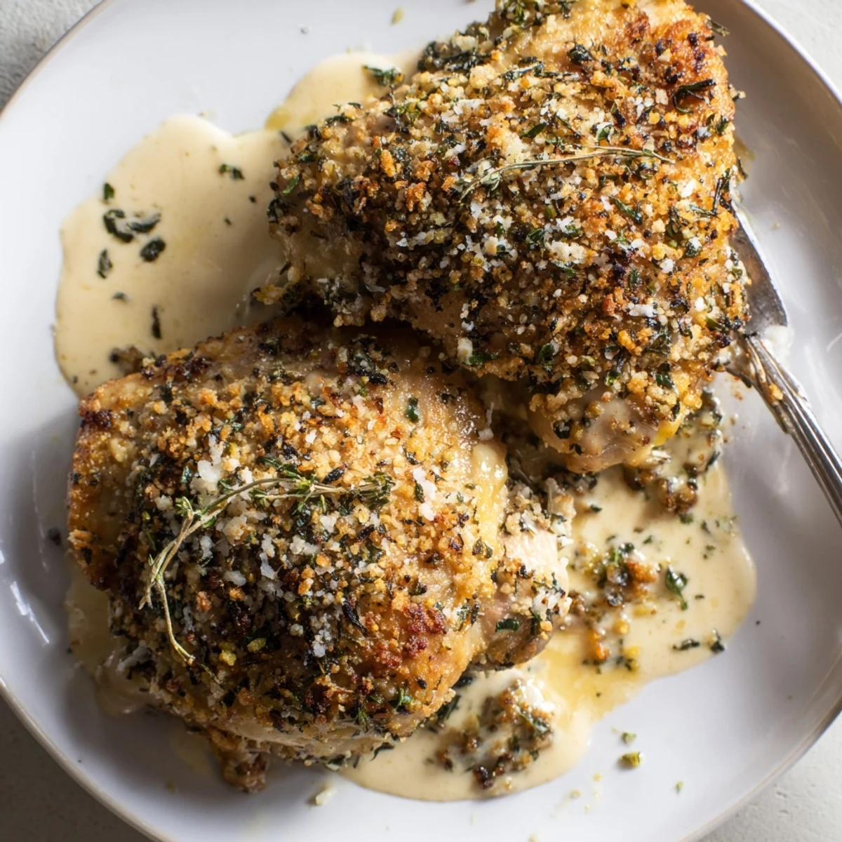 Family-style Golden Herb Crusted Chicken Thighs In Creamy Garlic Sauce over mashed potatoes.