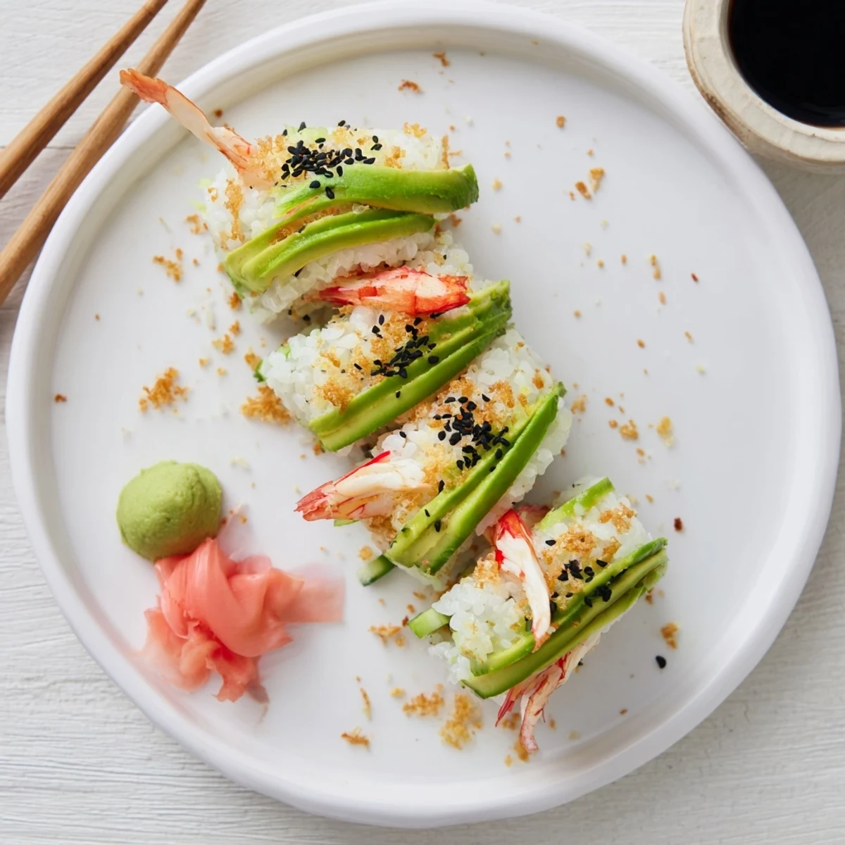California Crunch Roll Sushi with creamy avocado, crab-mayo, and crunchy tempura flakes