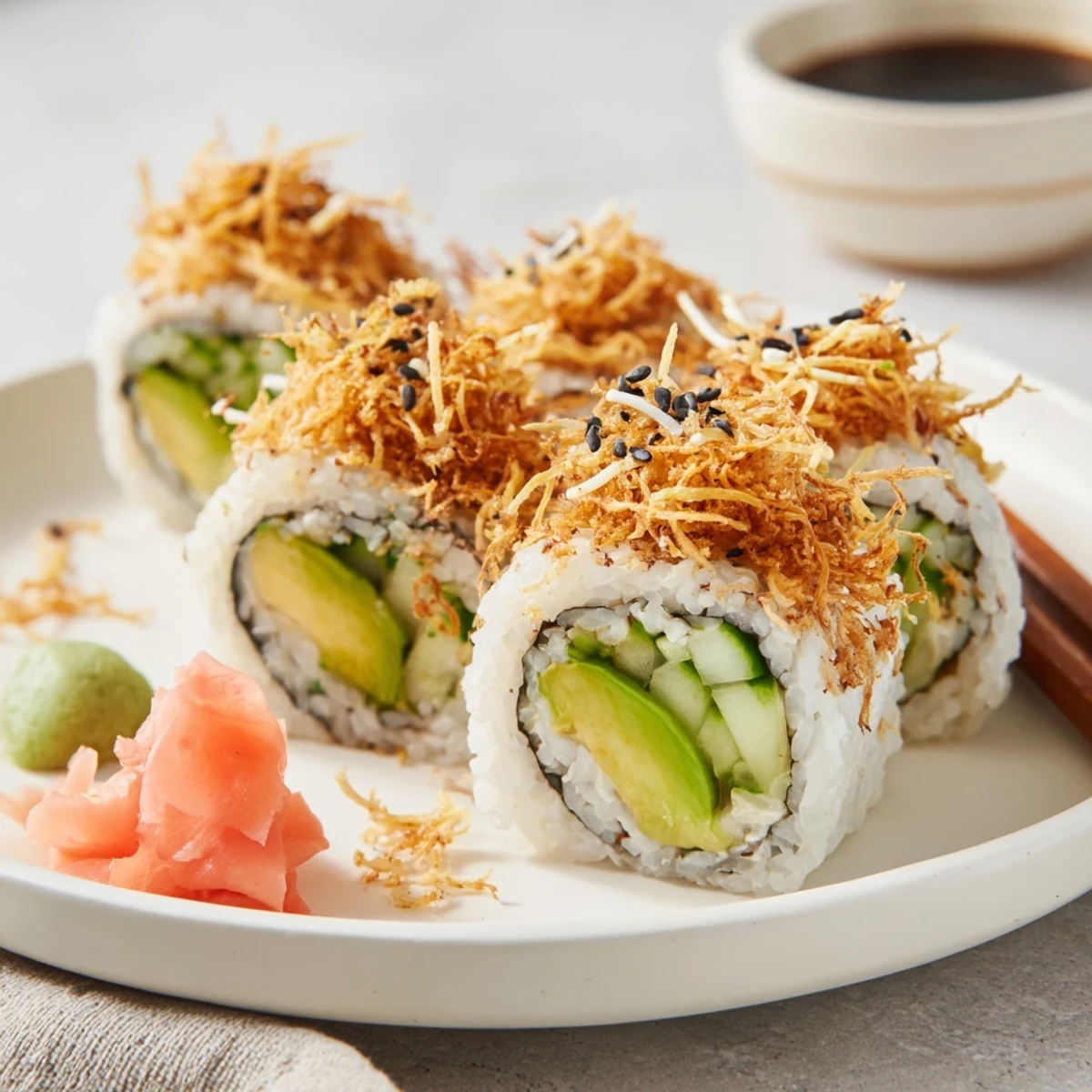 Six bite-sized California Crunch Roll Sushi pieces glisten beside soy sauce and ginger