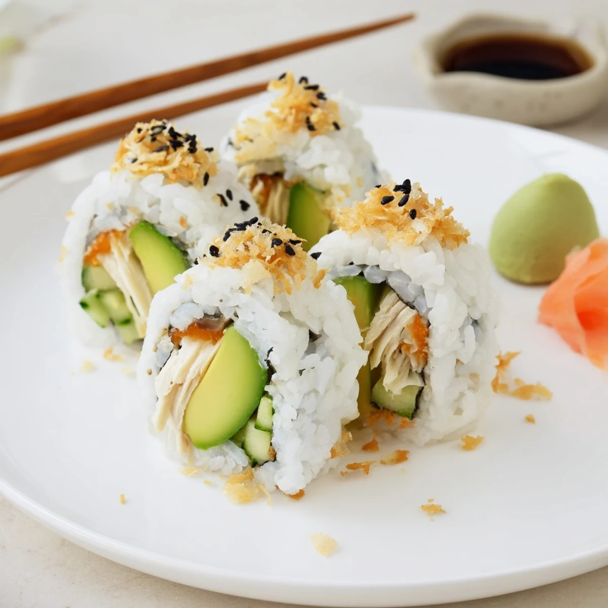 Hand-rolled California Crunch Roll Sushi showing sesame-speckled rice, cucumber, and vibrant avocado