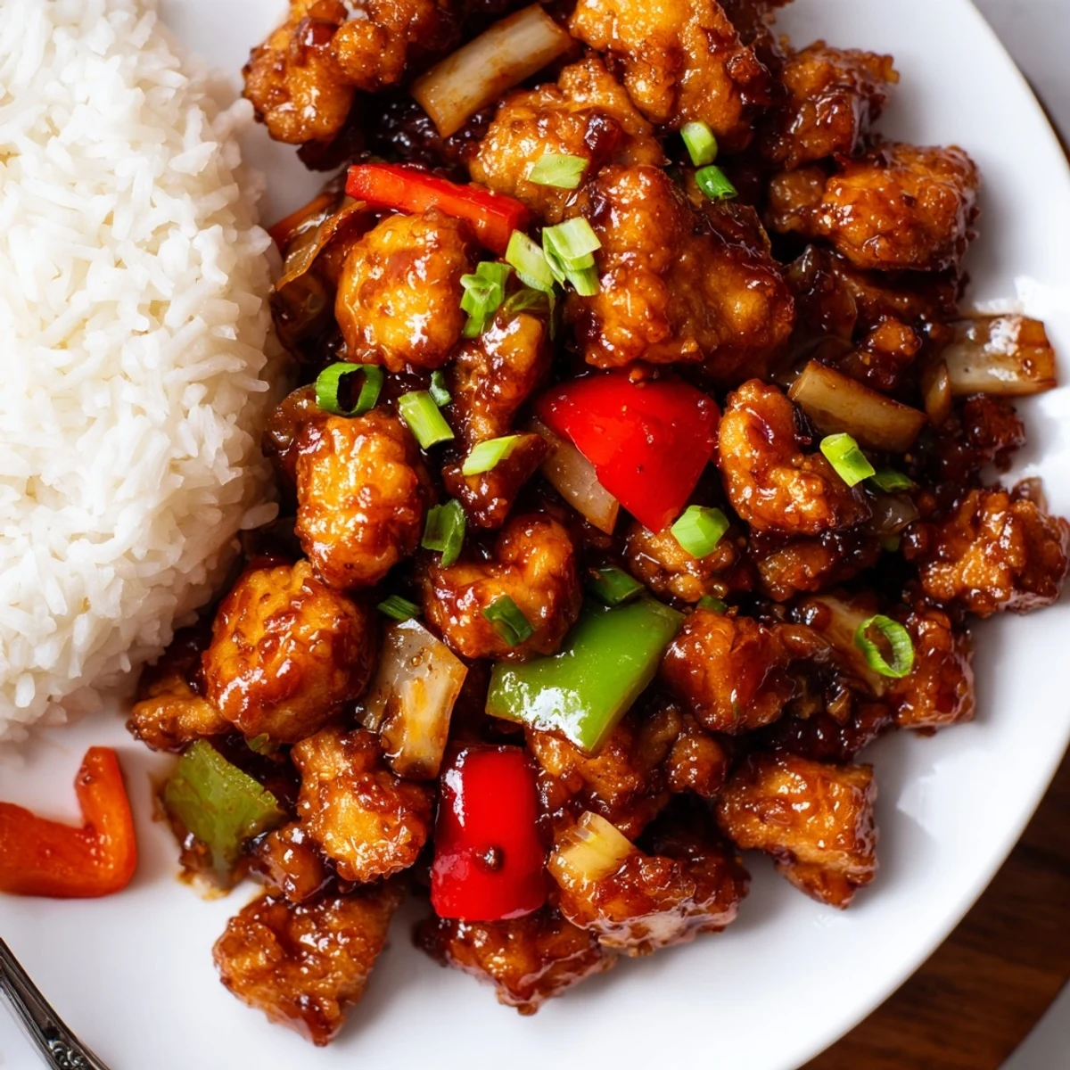 Marinated, fried Flavorful Chilli Chicken Indo Chinese glistening in sticky red glaze