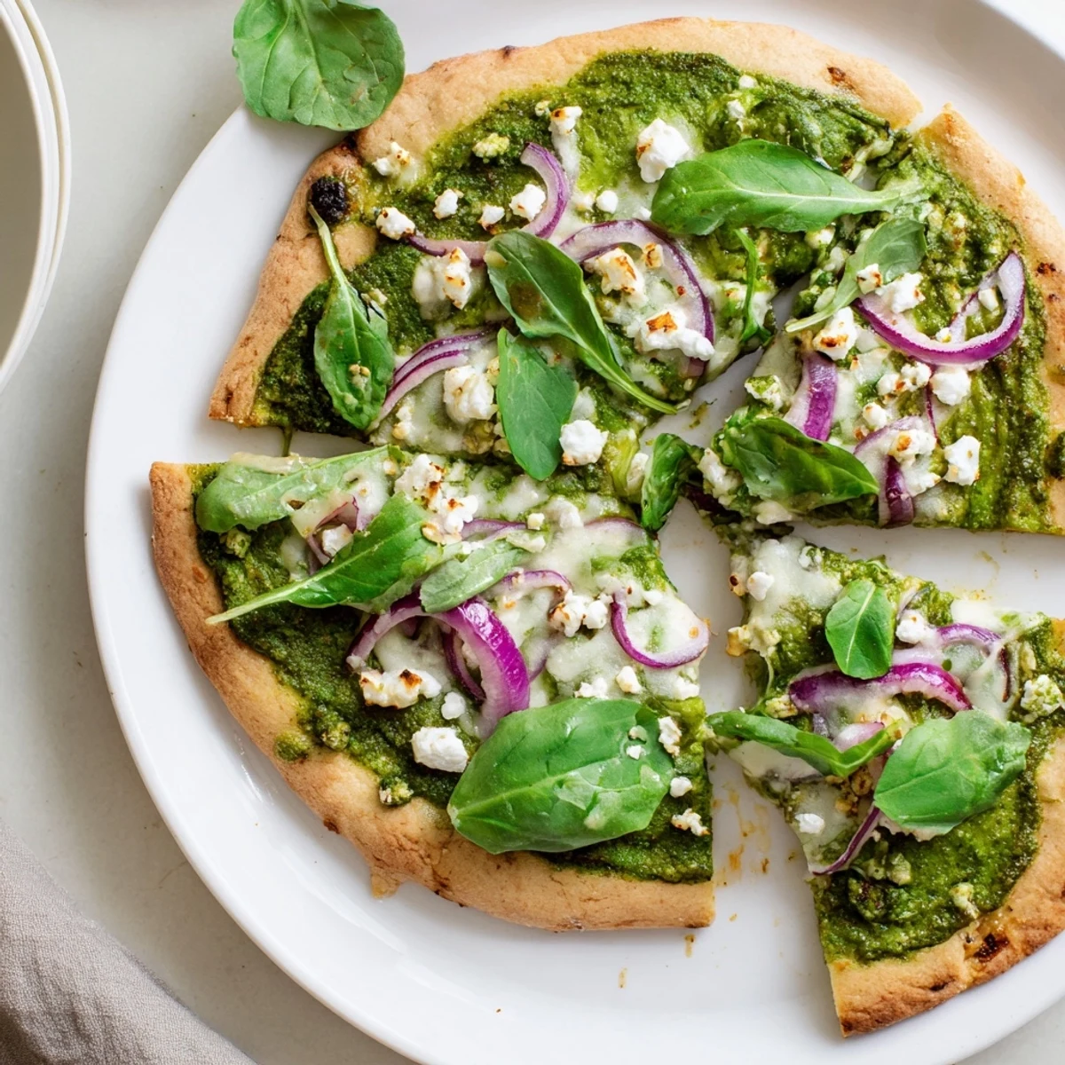 Golden crust pizza topped with vibrant green broccoli pesto, melted mozzarella, and fresh baby spinach leaves