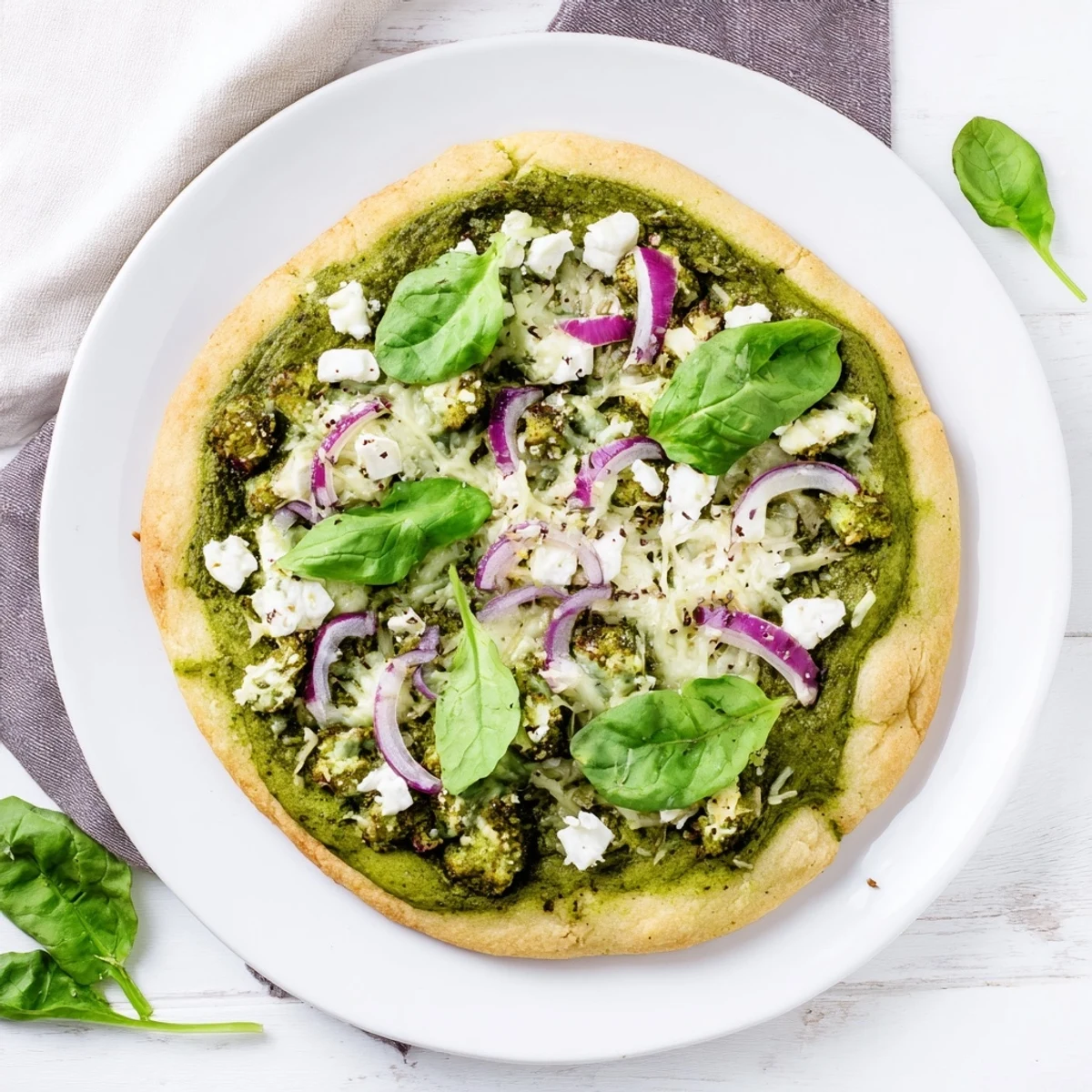 Vegetarian broccoli pesto pizza bubbling with cheese, red onion, and peppery arugula on a baking sheet