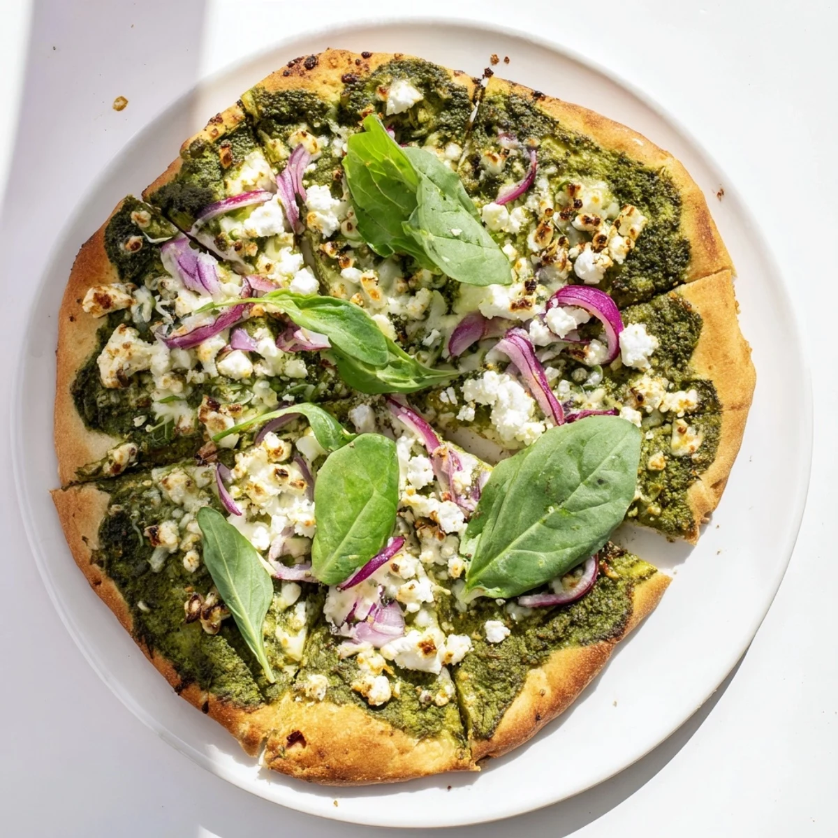 Sliced homemade green pizza featuring zesty broccoli pesto base with crumbled feta and arugula garnish