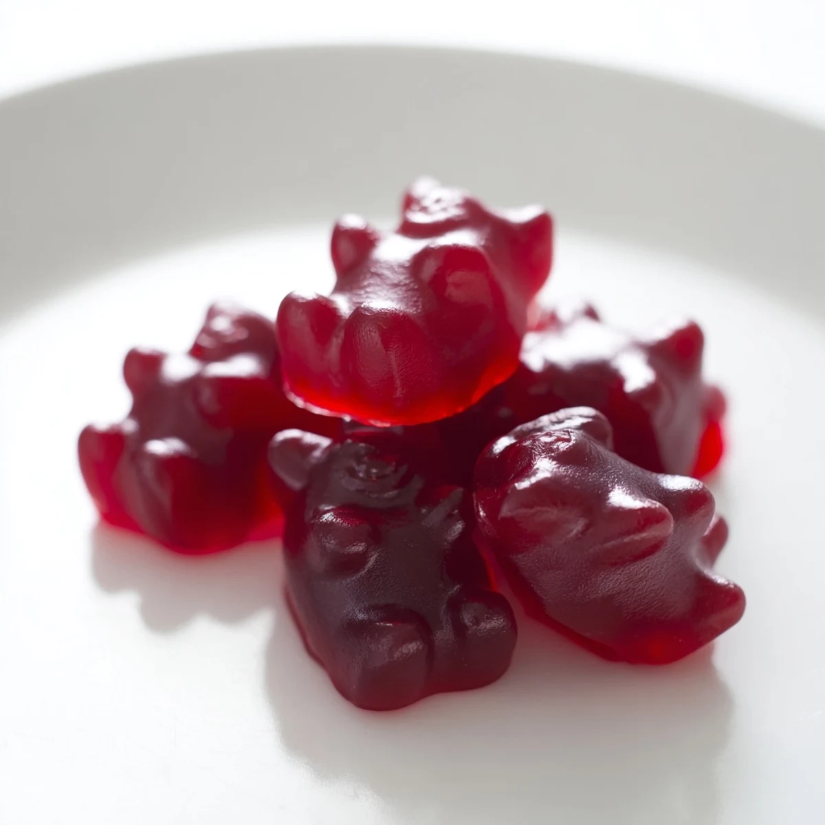 Chewy homemade raspberry gummy snacks arranged neatly on a white plate