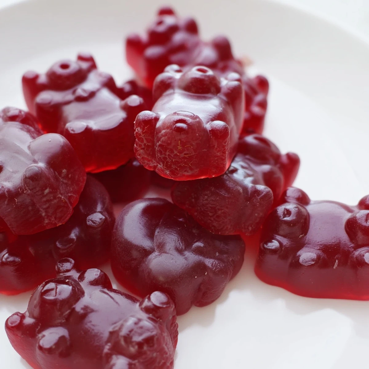 Close-up of vibrant red raspberry gummy candies glistening under natural light