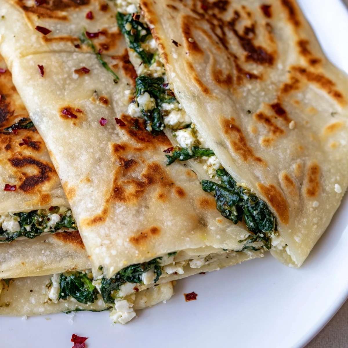 Crispy Turkish flatbread stuffed with savory spinach and feta, sliced for serving