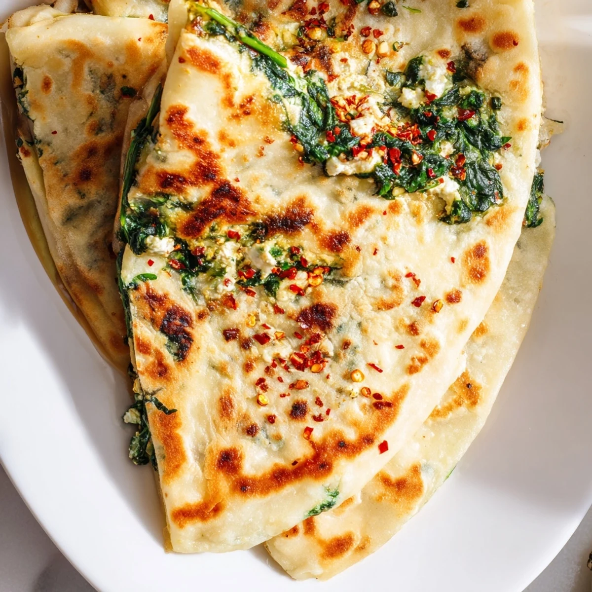 Golden Turkish gozleme with spinach and feta filling, freshly cooked on a griddle