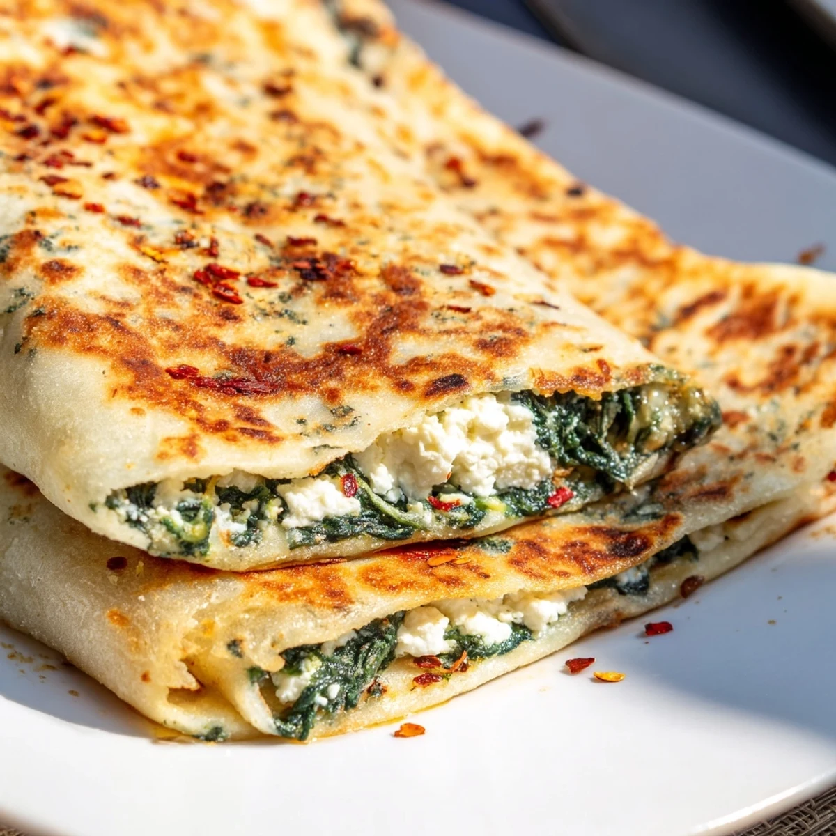 Handmade Turkish gozleme featuring golden brown crust and creamy spinach feta cheese filling