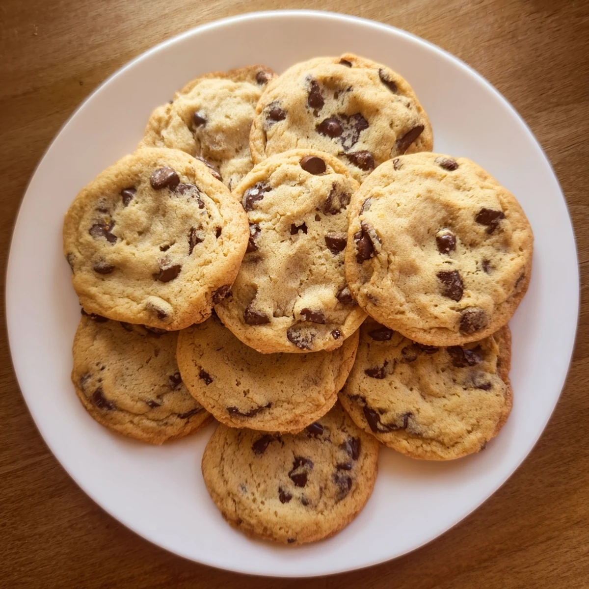 Plate of soft chewy chocolate chip cookies stacked high with gooey chocolate chunks throughout