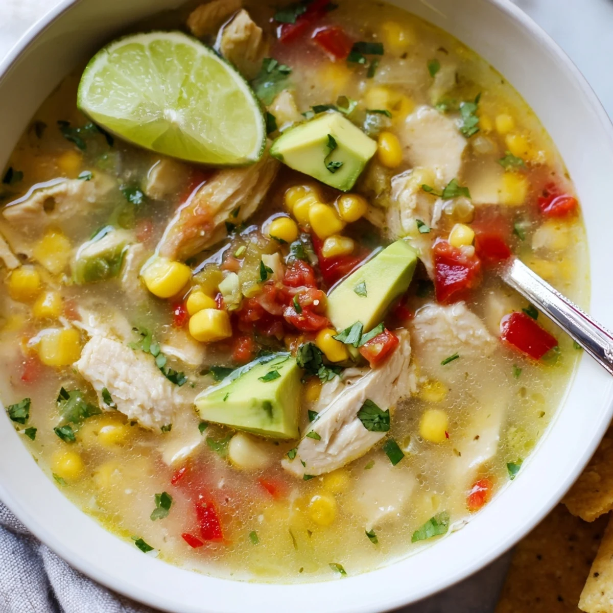 Steaming bowl of Bold Zesty Chicken Lime Soup Recipe garnished with cilantro.