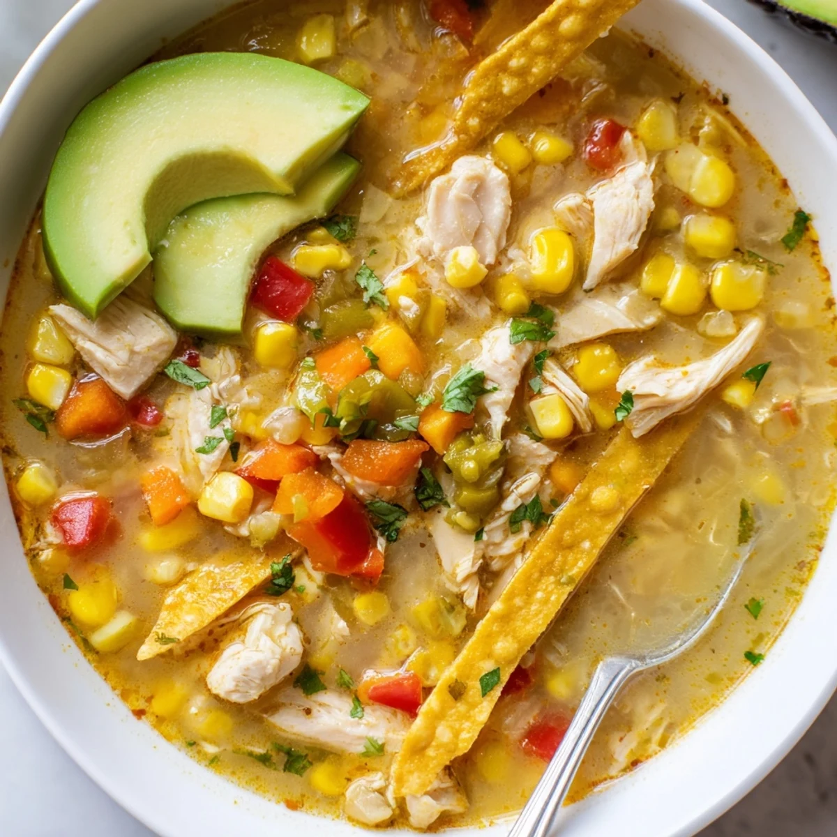 Bright, tangy Bold Zesty Chicken Lime Soup Recipe with avocado and crisp tortilla strips.