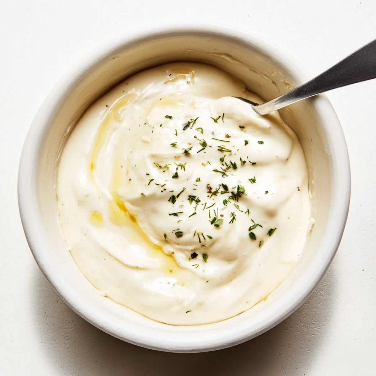 Creamy Tangy Sauce in bowl, chilled, garlicky aroma, ideal for roasted vegetables