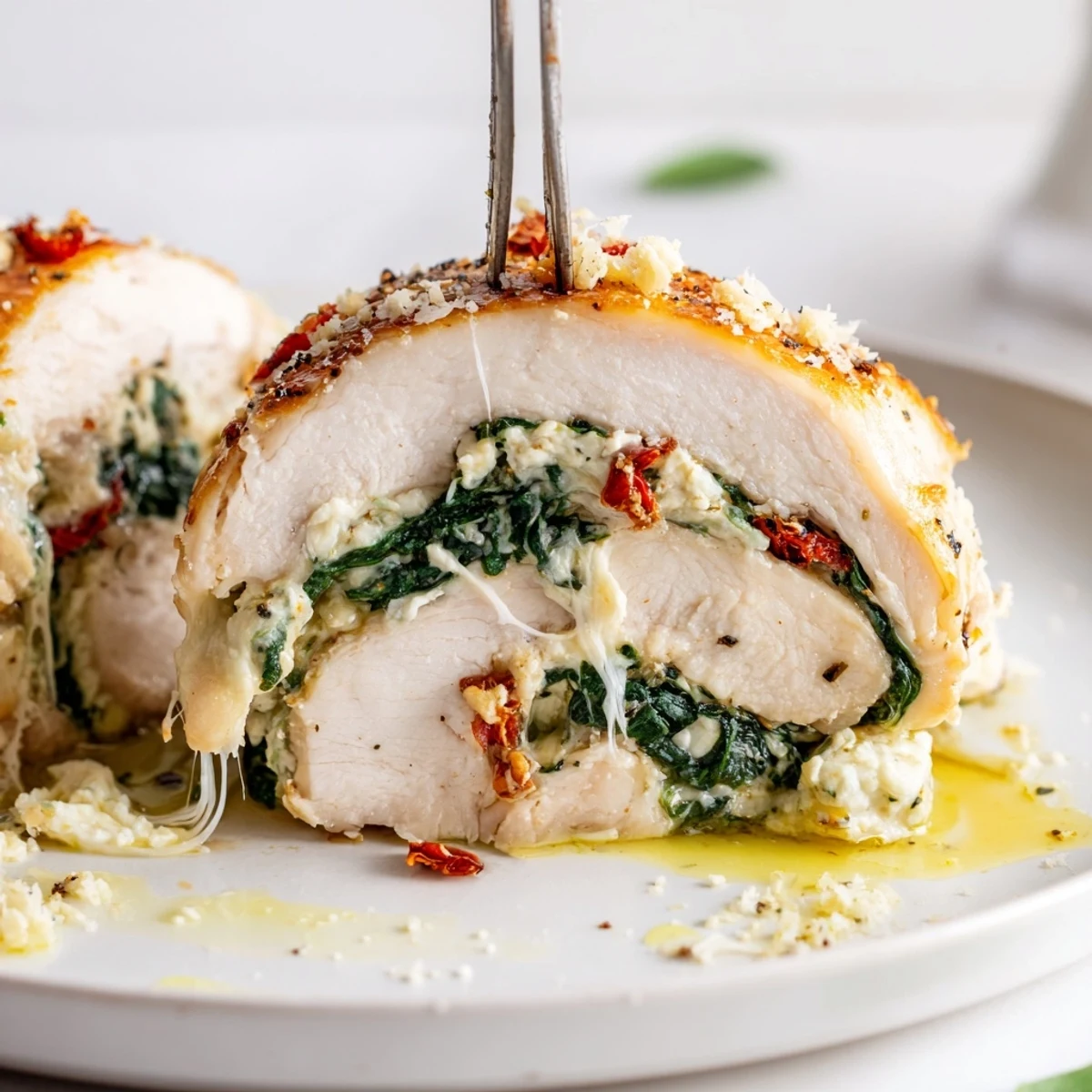Cheesy Spinach Stuffed Chicken Sun Dried Tomato Flavor, golden seared, oozy cheese  