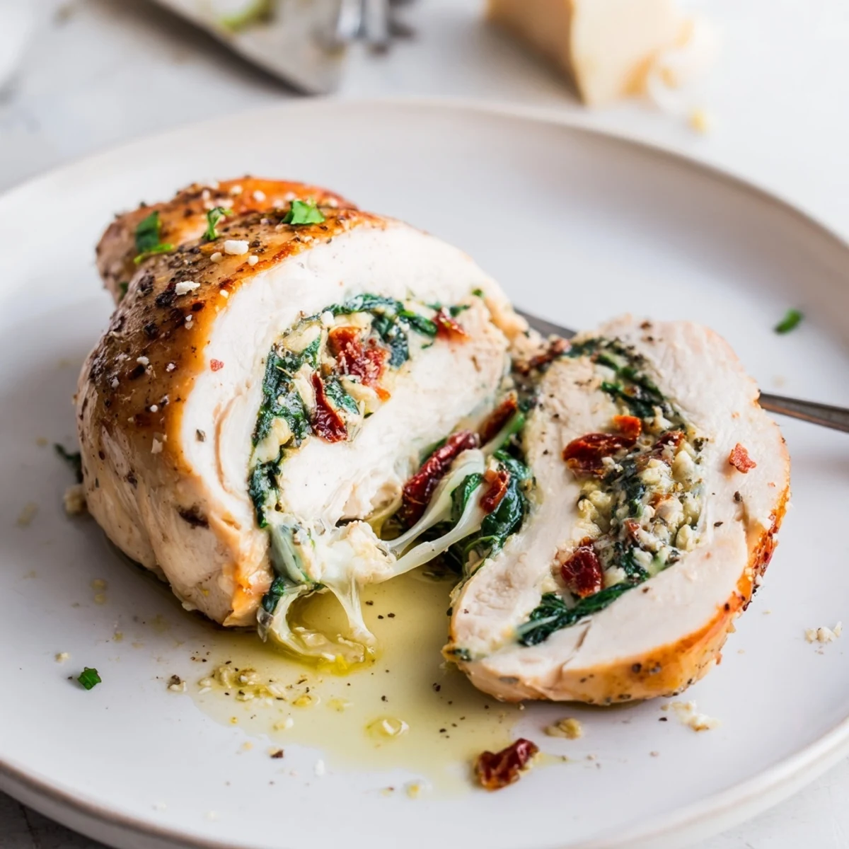 Warm Cheesy Spinach Stuffed Chicken Sun Dried Tomato Flavor on roasted vegetables  